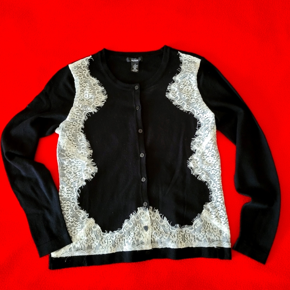 Alfani black sweater with white lace size small